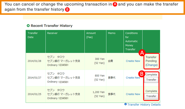 You can cancel or change the upcoming transaction in A, and you can make the transfer again from the transfer history B.