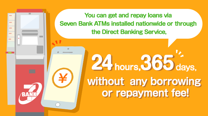 You can get and repay loans via Seven Bank ATMs installed nationwide or through the Direct Banking Service, 24 hours, 365 days, without any borrowing or repayment fee!