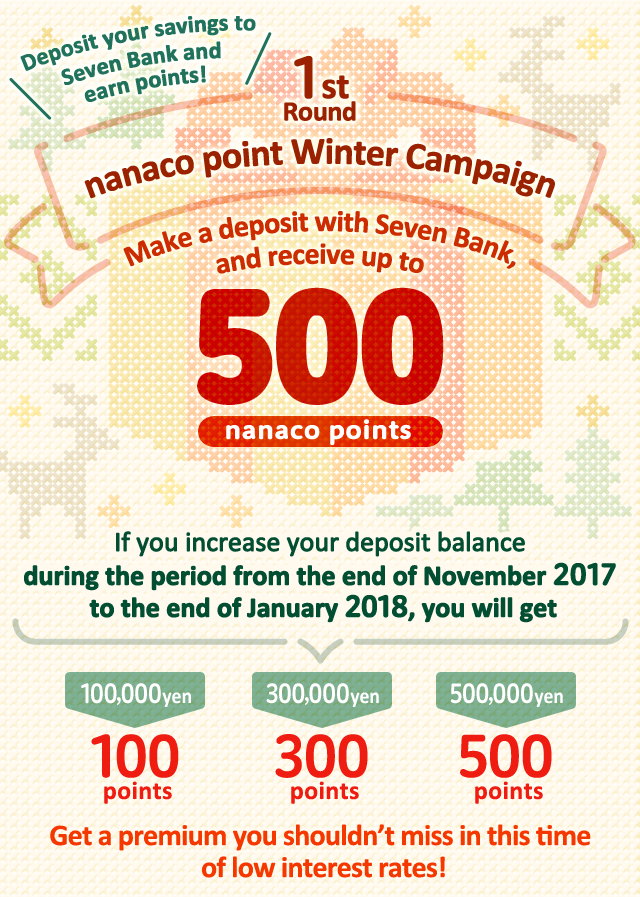 Deposit your savings to Seven Bank and earn points! 1st Round nanaco point Winter Campaign Make a deposit with Seven Bank, and receive up to 500 nanaco points If you increase your deposit balance during the period from the end of November 2017 to the end of January 2018, you will get 100,000yen → 100 points 300,000yen → 300 points 500,000yen → 500 points Get a premium you shouldn't miss in this time of low interest rates!