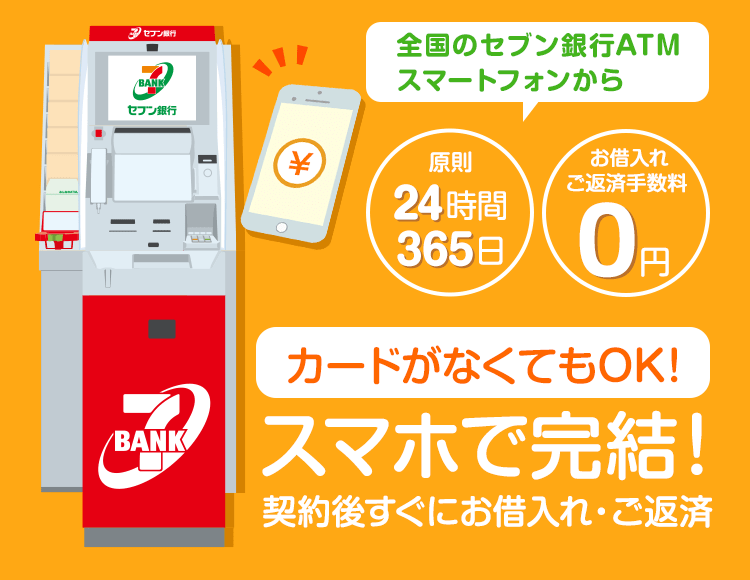 全国のセブン銀行ATM・スマートフォンから、原則24時間365日お借入れ・ご返済手数料0円 カードがなくてもOK！ スマホで完結！ 契約後すぐにお借入れ・ご返済