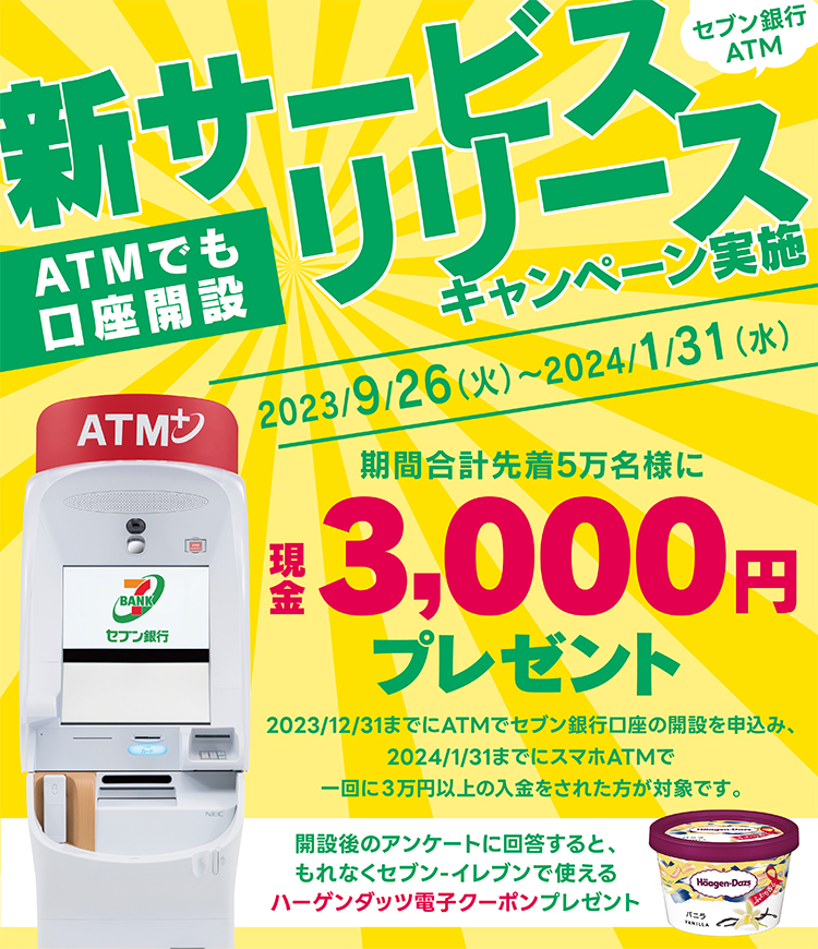 ATMでも口座開設 新サービスリリースキャンペーン 2023年9月26日（火）～2024年1月31日（水）期間合計先着5万名様に現金3,000円プレゼント 2023年12月31日までにATMでセブン銀行口座の開設を申込み、2024年1月31日までにスマホATMで一回に3万円以上ご入金された方が対象です。開設後のアンケートに回答すると、もれなくセブン‐イレブンで使えるハーゲンダッツ無料クーポンプレゼント