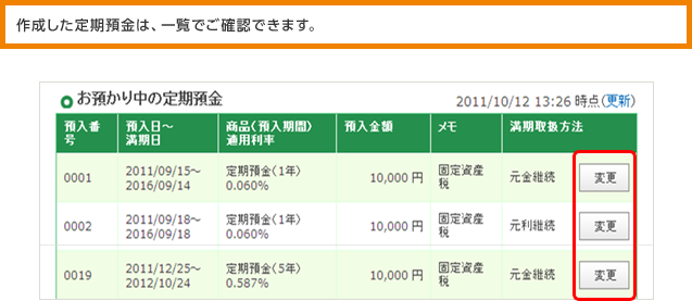 作成した定期預金は、一覧でご確認できます。