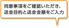 同意事項をご確認いただき、送金目的と送金金額をご入力