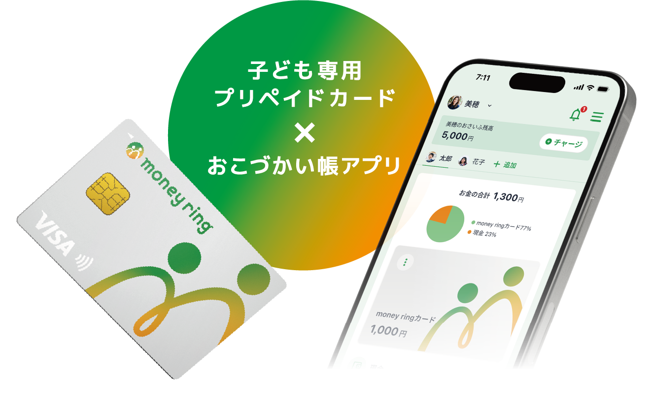 money ringカードと、おこづかい帳アプリの画面を表示したスマートフォン